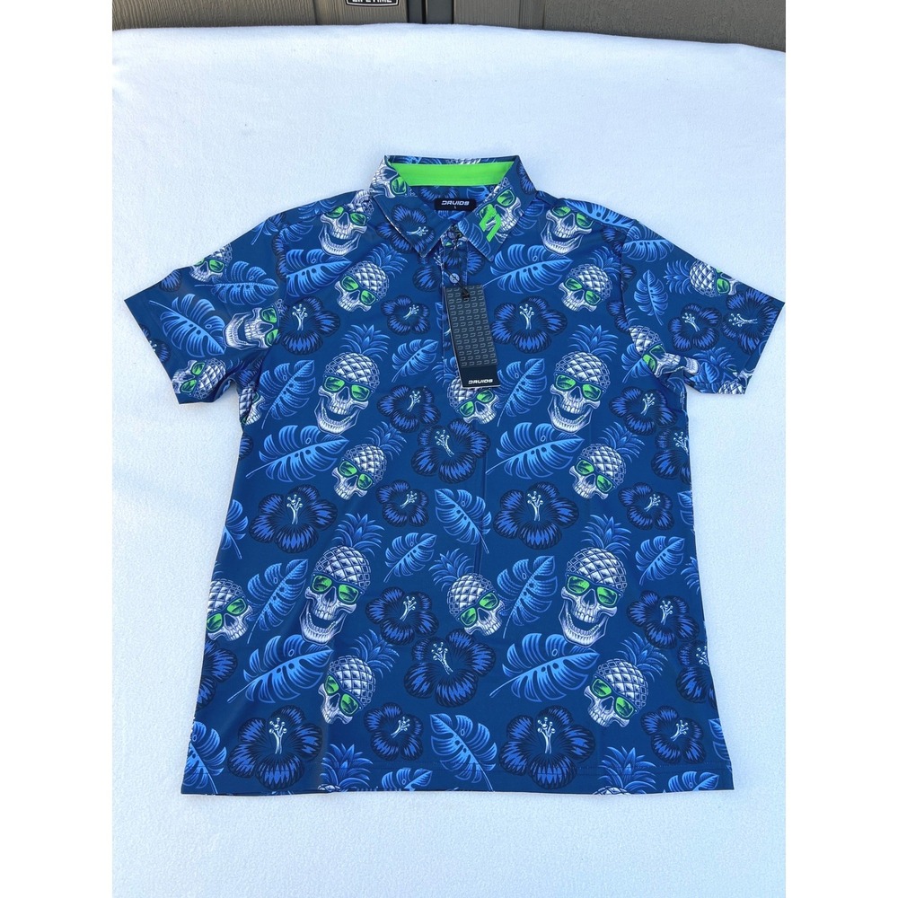 DRUIDS Men Blue Skull Pineapple Floral Print Golf‎ Polo Shirt L